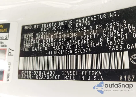 2016 Toyota Camry Xle V6 from USA, damaged, VIN 4T1BK1FK6GU570374